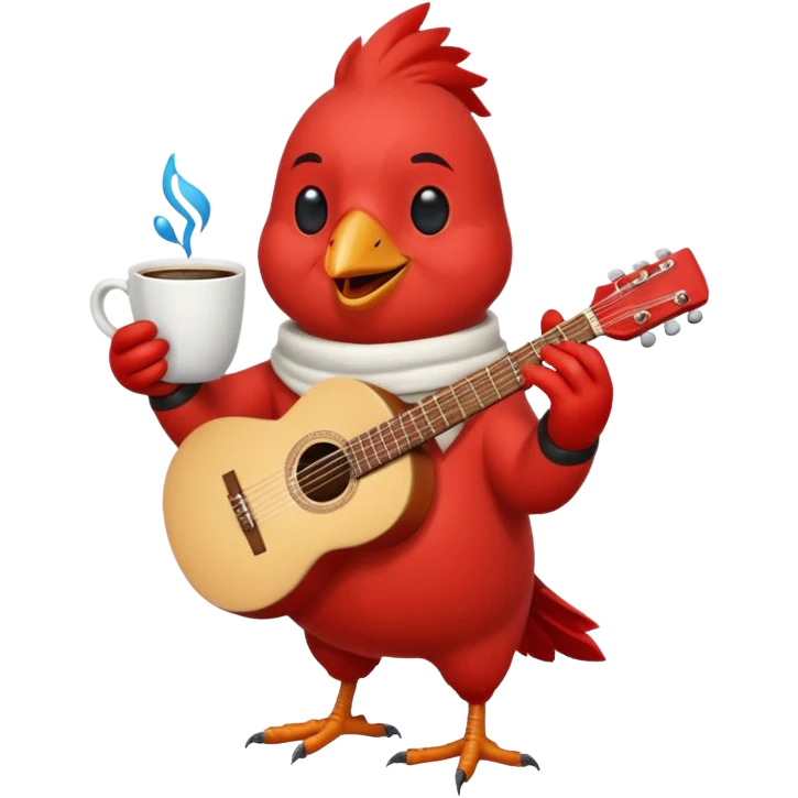 Happy cardinal with guitar and a cup of coffee emoji