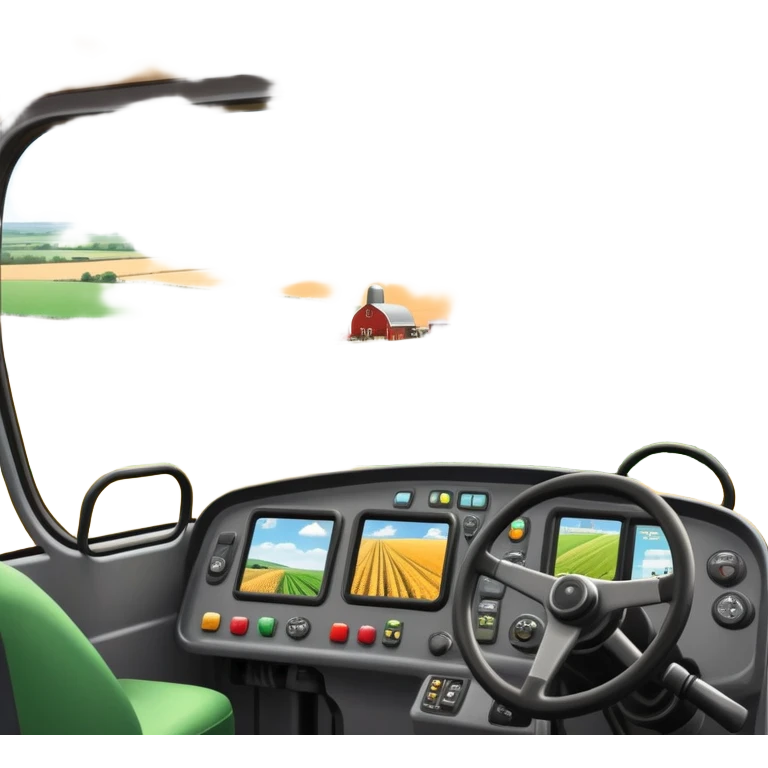 a view from the tractor cabin, with the dashboard in focus, overlooking a vibrant rural landscape. Inspired by Farming Simulator 22, the scene includes fields, crops, and distant barns under a bright sky. The design highlights the immersive experience of farm management. transparent background emoji