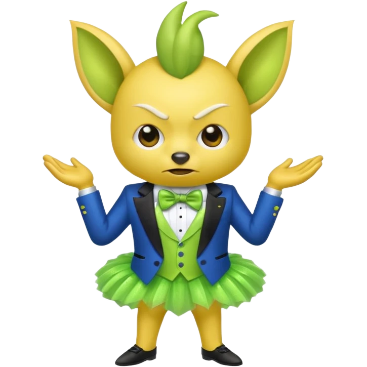 Angry blue banana with ears wearing a sparkly lime green tuxedo and tutu emoji