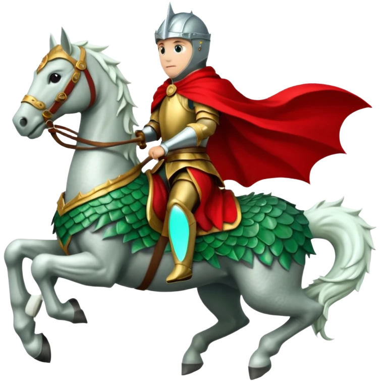 A knight in silver armor with a red cape, riding a white horse atop a green dragon. emoji