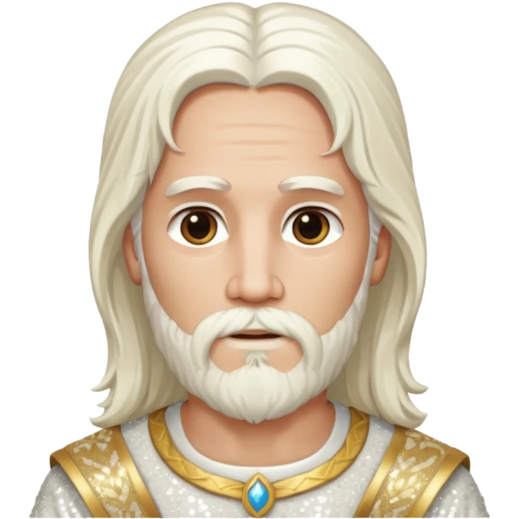 Jesus, Son of God from Gods and Goddesses with long white hair and beard, ivory sequin outfit emoji