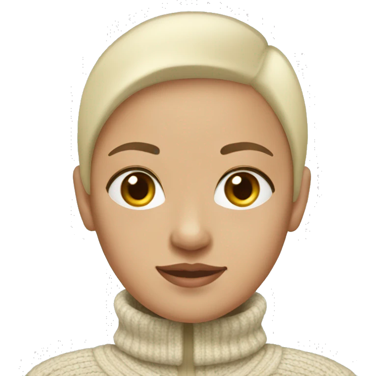 a bald girl wearing a white turtleneck sweater and a beige jacket out the sweater. She is bald emoji