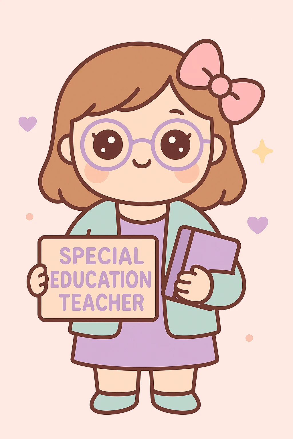 Add glasses to the special education teacher with a pink bow in her hair, maintaining the kawaii style. emoji