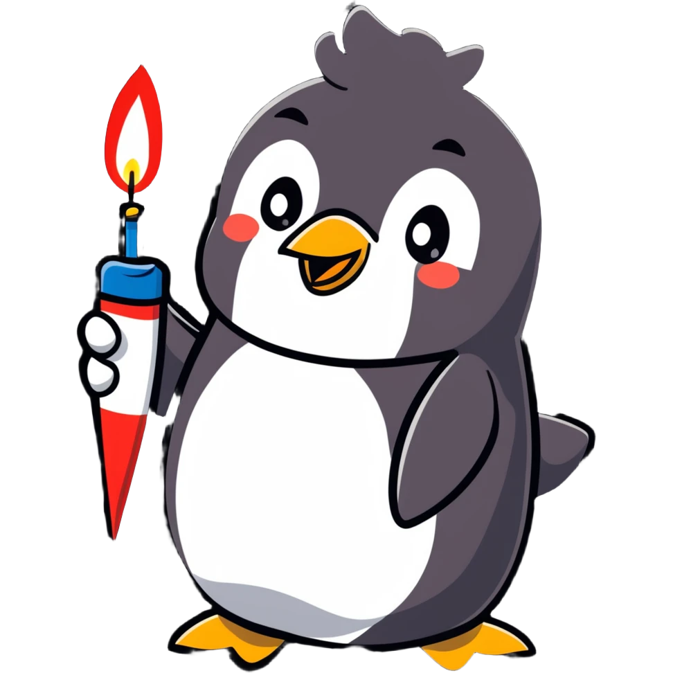 penguin holding a firework, grinning menacingly emoji