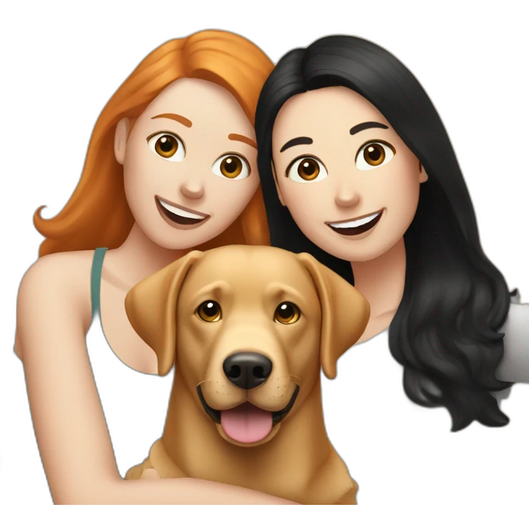 Ginger Labrador having a selfie with two woman with black hair  emoji
