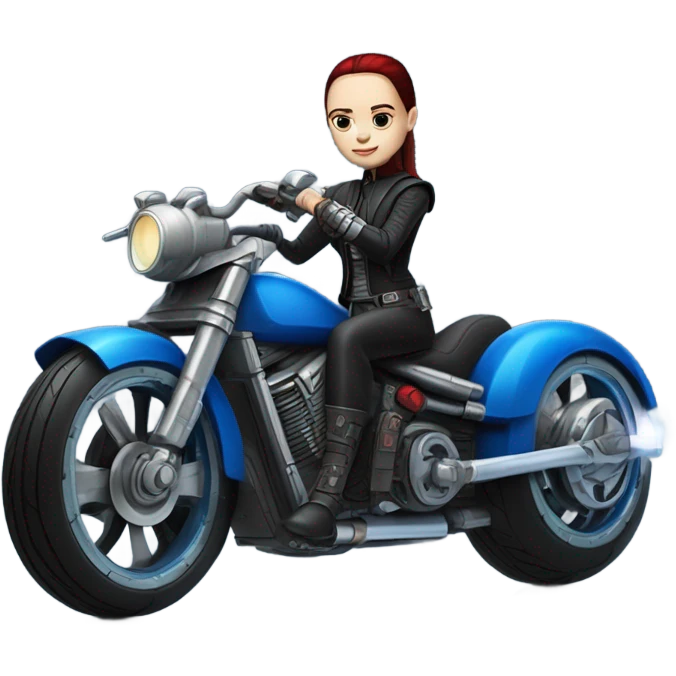 Jedi bounty hunter Wednesday Addams racing sitting in a modern blue,red and pewter steampunk electric luxury motorcycle  emoji