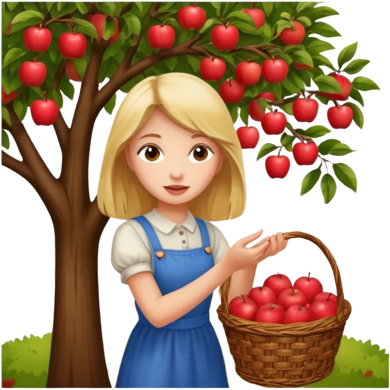 Girl picking an apple off a tree with a basket of apples emoji