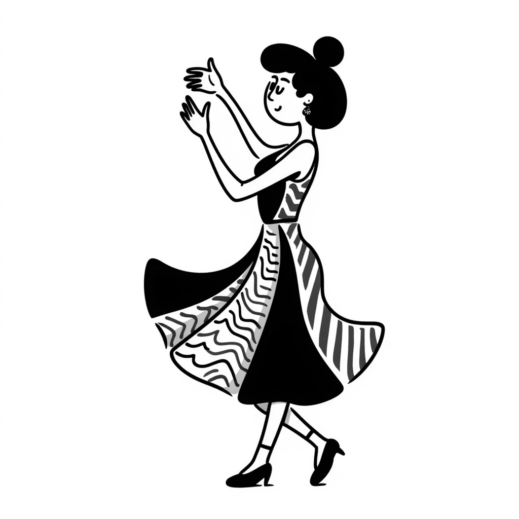 Dancing woman in Colombian salsa pose, vibrant dress, dynamic movement emoji