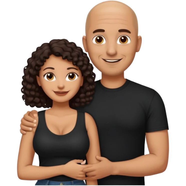 A picture of a tanned couple with the man's arm around her. the man is a Mexican man with tanned skin, a bald hair cut, short beard and wearing a black shirt. the woman is mixed, with curly dark brown hair and with big boobs  emoji