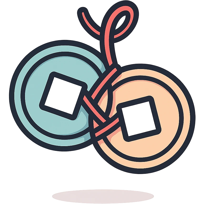 pair of Chinese coins with square holes tied with a red thread, icon-color-outlined style, detailed shadows and highlights, thin clean outlines, soft rounded shapes, pastel palette #98B5BC, #B5B3C1, #C9A3C9, #E4C0CA, #F7DCD1, #F7C0AA, modern Japanese pop art and sticker aesthetic, high detail, vector sharpness, soft lighting, transparent background emoji