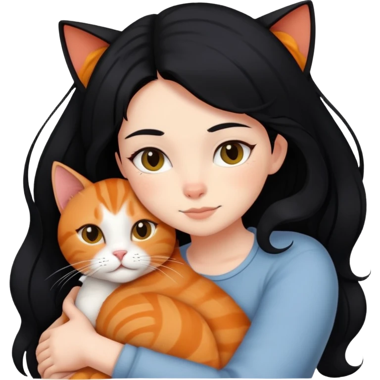 A black-haired girl hugs a ginger cat and A black cat emoji