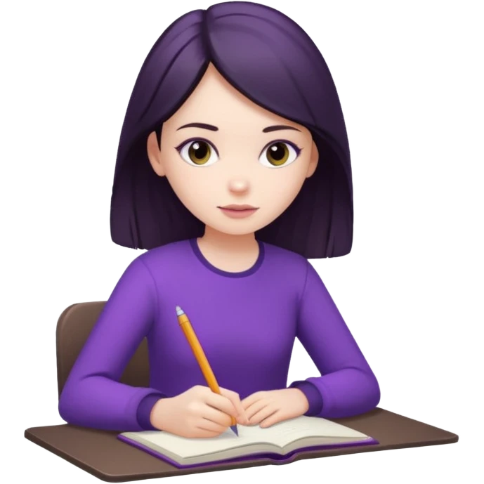 girl sitting, writing in a notebook, dark hair, dressed in purple clothes emoji