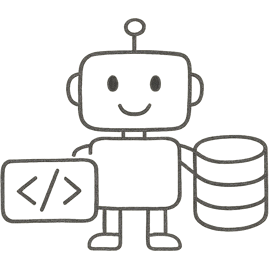 hand-drawn outlined icon of a friendly robot with a code snippet and database cylinder emoji