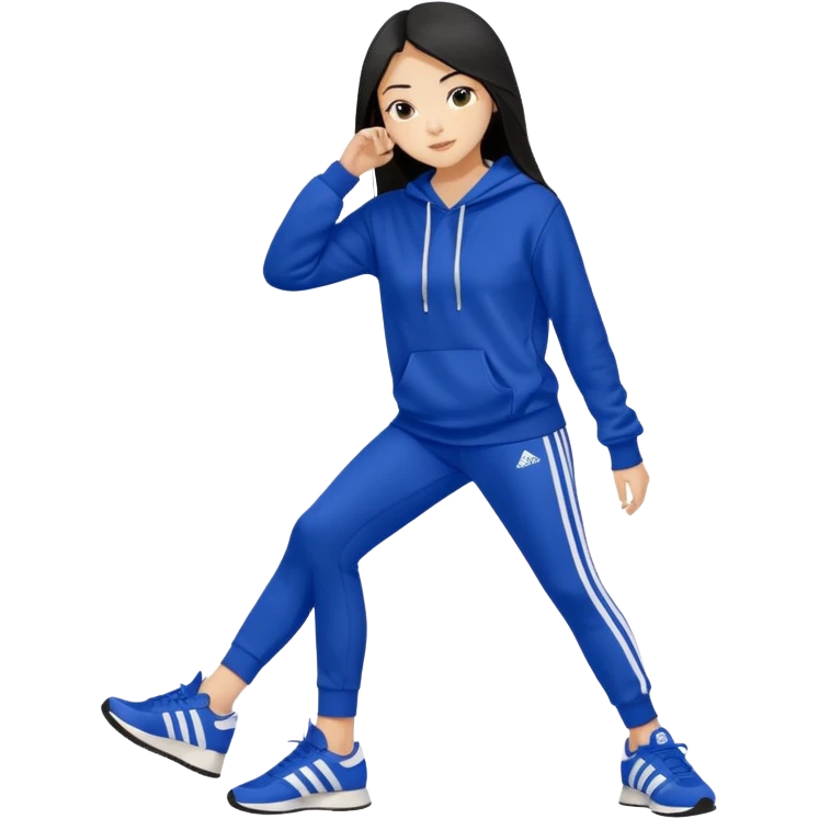 A pretty white/asian tanned girl with medium long strait dark brown almost black hair wearing a royal blue hoodie and leggings with adidas sambad emoji