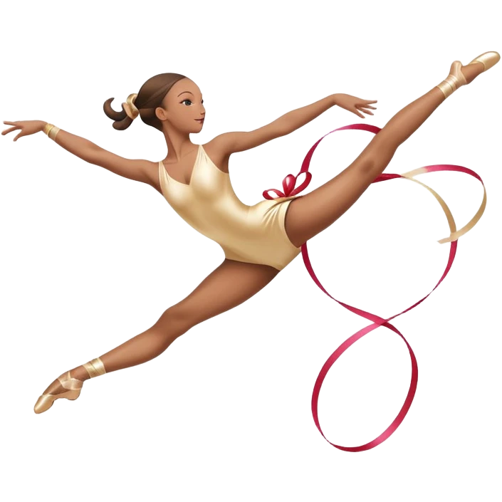A graceful rhythmic gymnast performing with a flowing ribbon, executing an elegant leap mid-air. The pose exudes flexibility, balance, and artistry. The background suggests a competition arena with soft lighting, emphasizing movement, precision, and the beauty of the sport. emoji