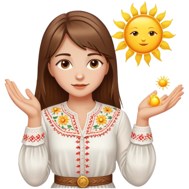 Young Ukrainian girl with brown hair wearing a white embroidered traditional shirt holding a bright sun in her hand emoji