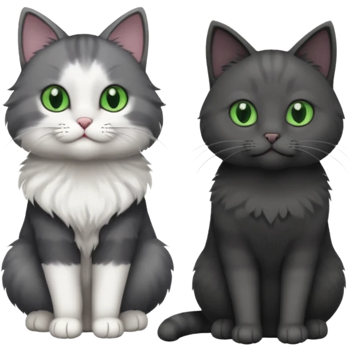 one dark grey and white cat and one completely solid dark grey cat with green eyes and only white paws emoji
