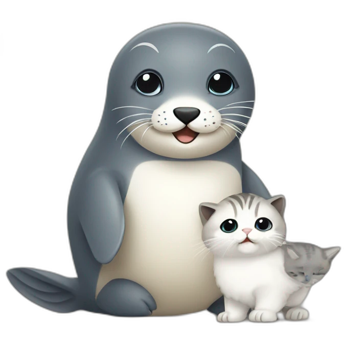 Flat design of a baby seal playing with a baby owl and a baby cat emoji