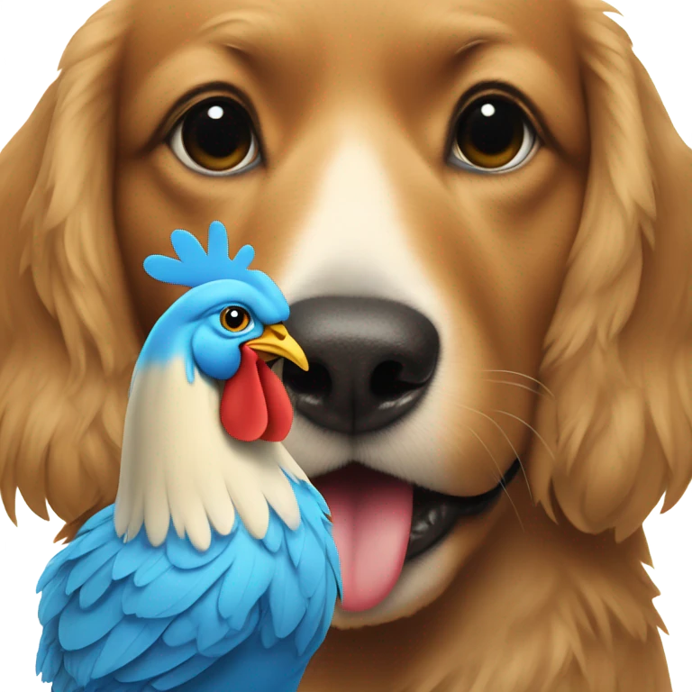 Dog kissing a chicken with blue feathers emoji