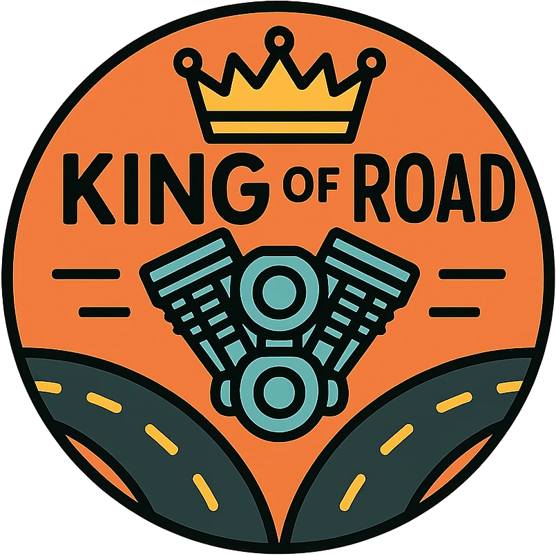 circular motorcycle cap design with the English phrase 'King of the Road', featuring motorcycle motifs like crown, motor, road, ruling style emoji