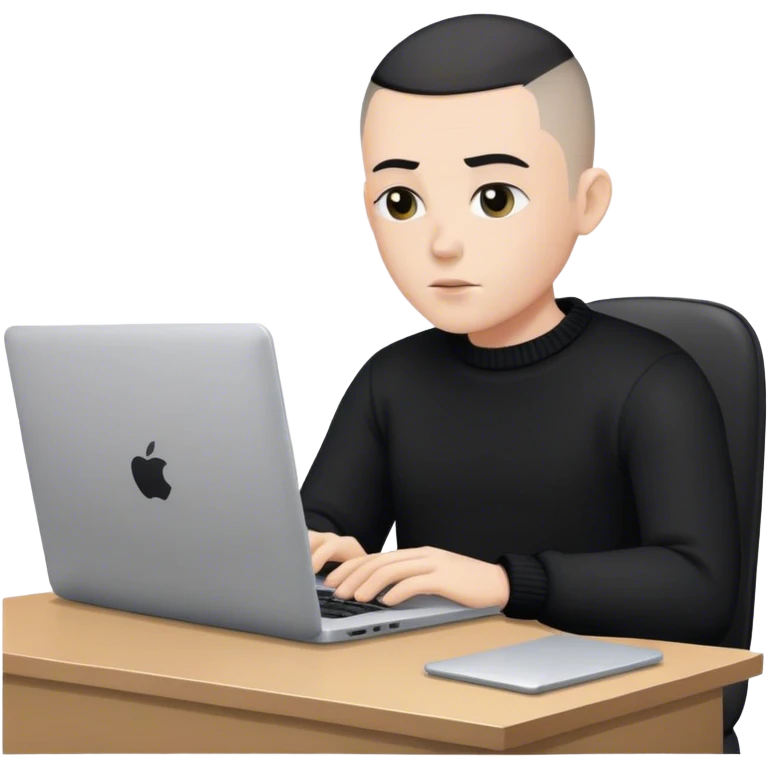 memoji of a man with a laptop in front, apple-style,modern,white skin,black buzz cut hair,black sweater,computer in hand,sitting on his desk emoji