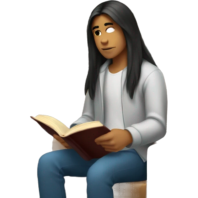 Male Peruvian teen with long straight hair reading a book in a library emoji