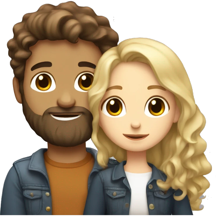 Brunette girl with Brown wavy hair hugging blond boy and white skin whit a beard lovingly couple emoji