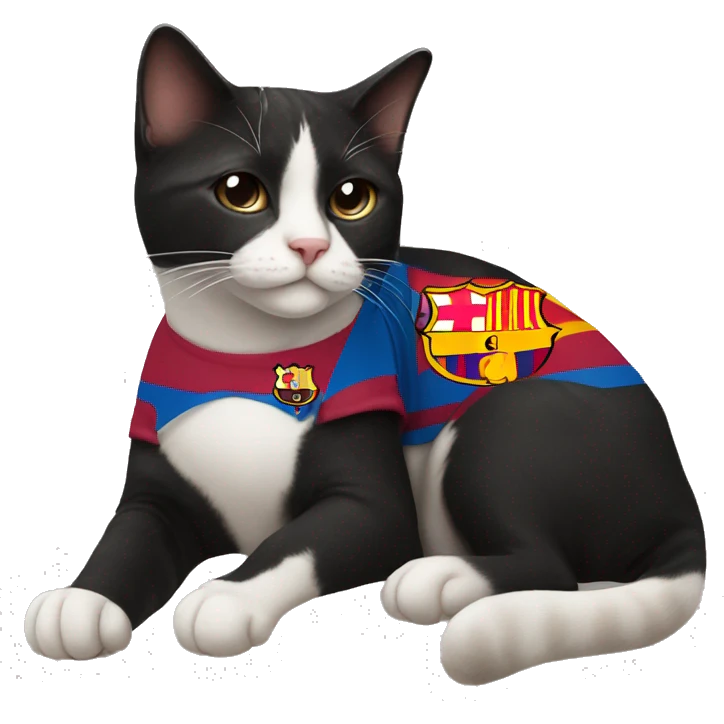 Tuxedo cat with a Barcelona soccer jersey ￼ emoji