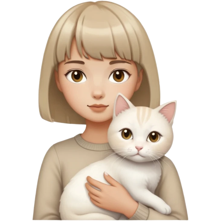 tan girl with short hair with bangs holding white cat  emoji