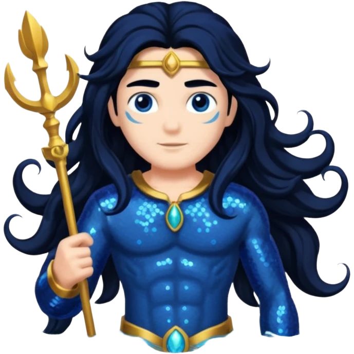 Neptune, God of Sea from Gods and Goddesses with long jet black hair, dark blue sequin outfit emoji