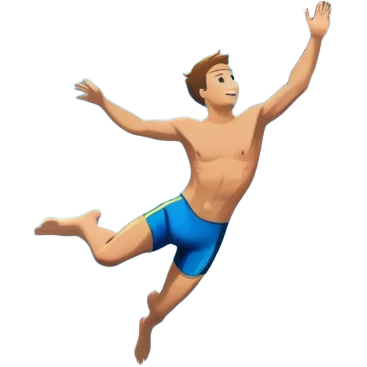 A diver mid-air, plunging from a high cliff into the sparkling ocean below. The background features rugged cliffs, clear blue water, and a bright sky, emphasizing the excitement and danger of the sport with a sense of freedom and adventure. emoji