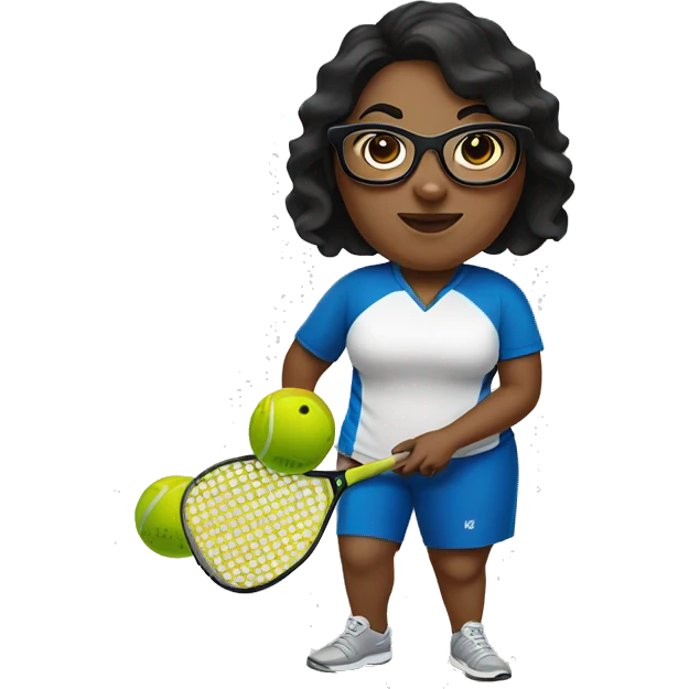 Dark haired chubby woman with glasses playing pickleball emoji
