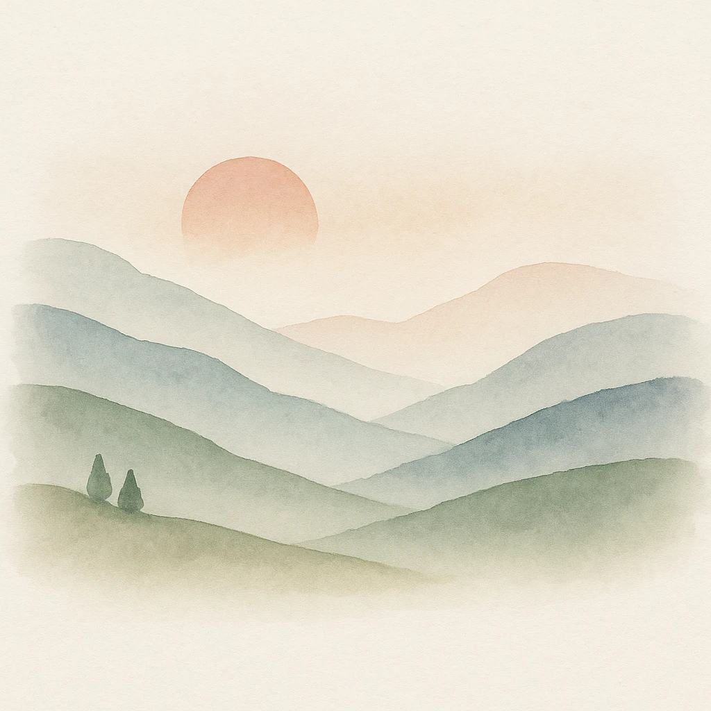 a peaceful valley at sunset, watercolor art style emoji