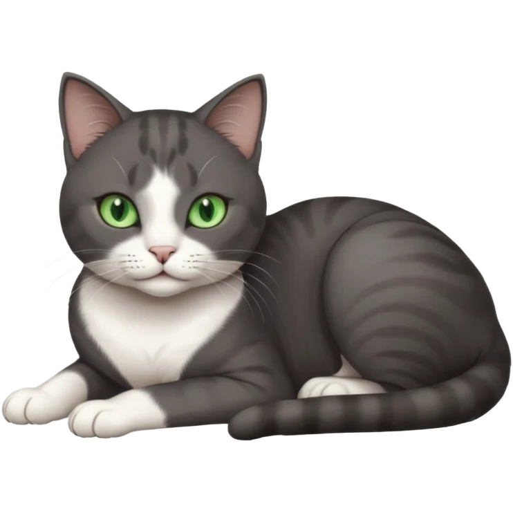 beautiful female solid dark grey cat with green eyes, white toes/paws and white patch on her chest lying down emoji