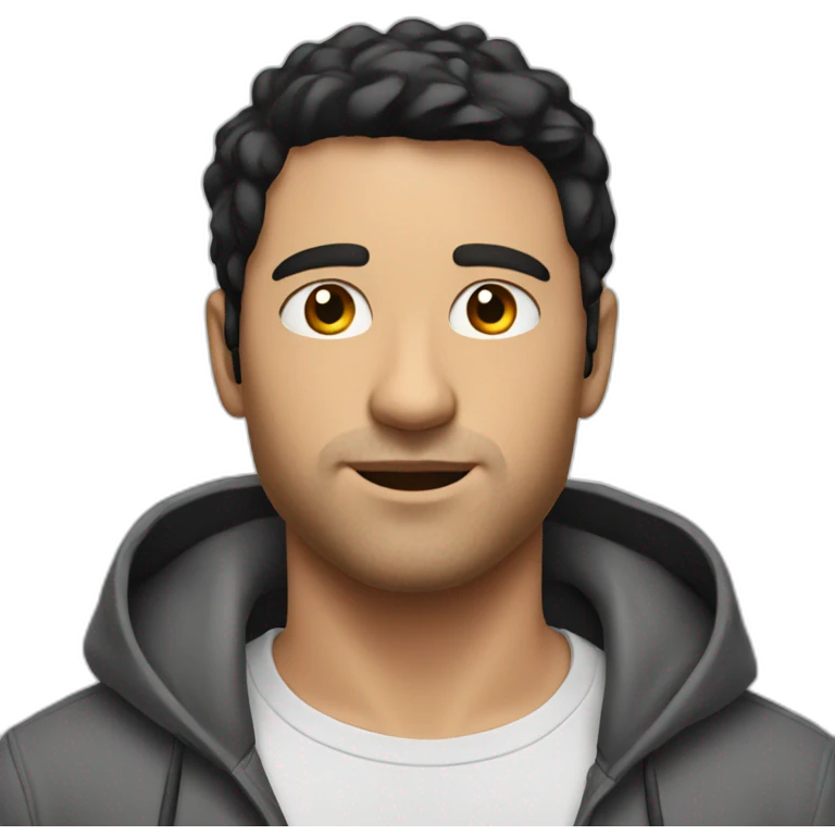 A white man with short black hair and a stubble in a white t shirt and a scarlet hoodie emoji