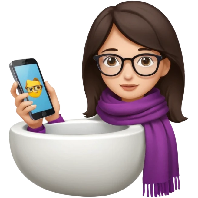 Fille châtain foncé avec lunettes. Elle porte une grosse écharpe. Elle est dans une cuvette de toilette. Téléphone en main emoji
