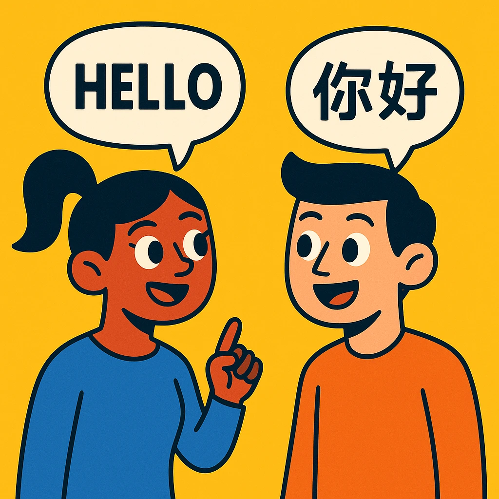 two cartoon people talking, one with English text, one with Chinese text in their speech bubbles emoji