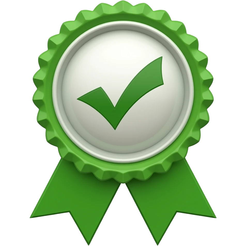 all green Ribbon Badge that has a dark green tick in the middle and a green middle emoji