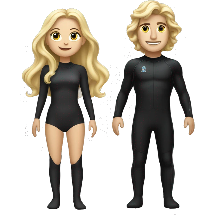 blonde white woman long hair wearing all black standing next to Jack Schlossberg in a wetsuit emoji