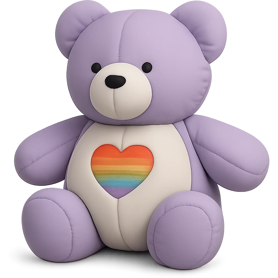 Change the rainbow patch to a heart-shaped rainbow patch on the purple and white teddy bear, keep it soft and plush, no shadows, flat lighting, no background. emoji