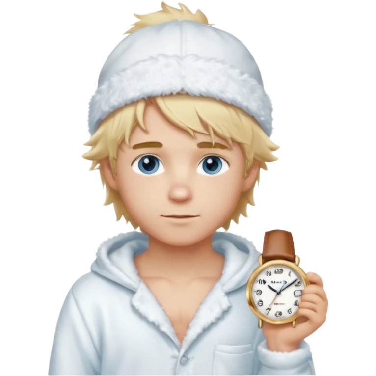 Create a look for a blond boy with long, tousled hair, light eyes, a white sweater, a wealthy appearance, blue eyes, and accessories like a Rolex or Cartier watch, and a cute face with messy hair down. blue eyes + + pajama white fluffy + cap fluffy + blush emoji