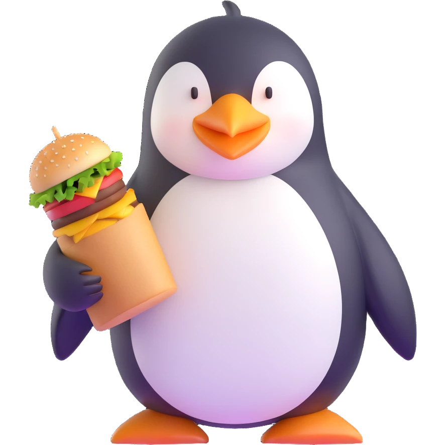 penguin enjoying a hamburger emoji
