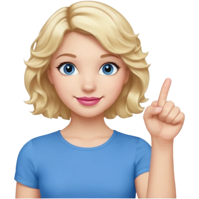 Girl Blonde short wavy hair,  blue eyes, cute blue top, long lashes, pink lips, smiling, fist bump emoji