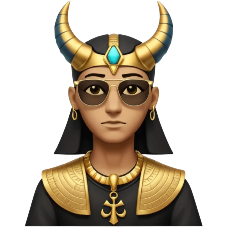 3D cartoon horned character portrait, wearing sunglasses, gothic ancient Egyptian style, pharaoh collar, dark gold and black outfit, ankh symbols, Egyptian jewelry, mysterious expression, soft dramatic lighting, centered, clean background, no text, no watermark emoji