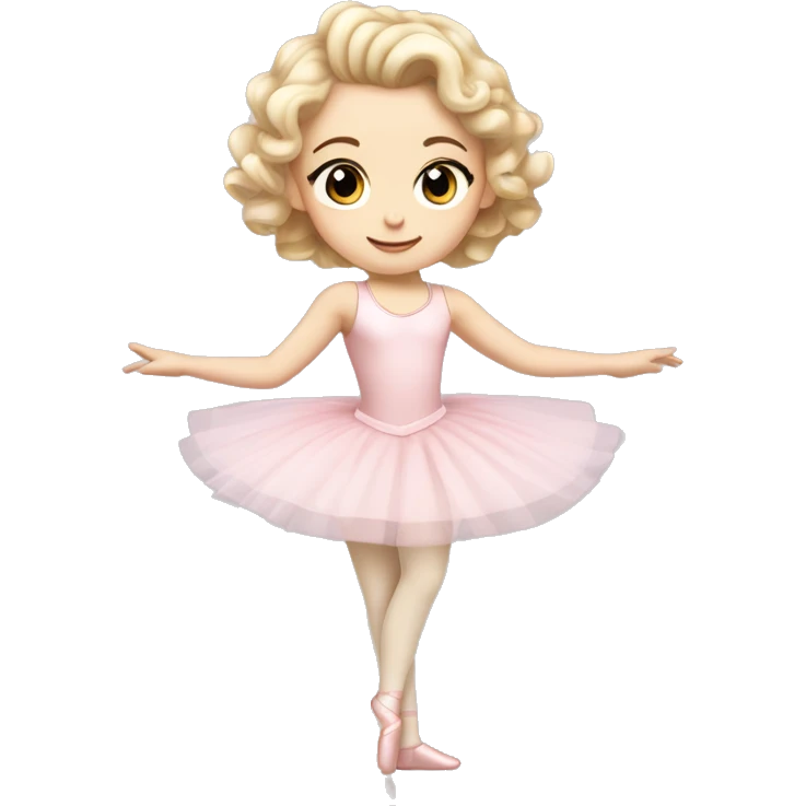 little girl with pale skin curly blonde hair and brown eyes wearing a light pink ballet outfit doing a ballet pose emoji