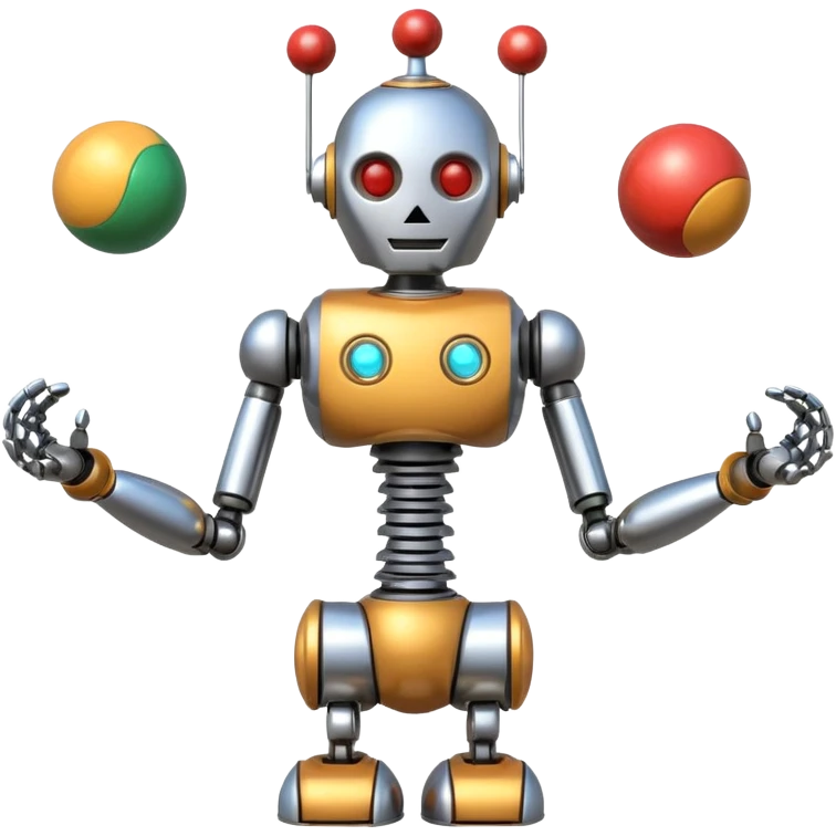 a Circus juggler robot juggling two metal ball emoji