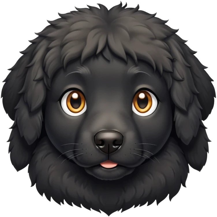 black dog with fluffy slightly curly coat, white chest, looking forward emoji