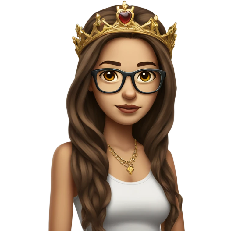 Hyperrealistic girl with long brown hair wearing a crown and glasses tattoos laptop emoji