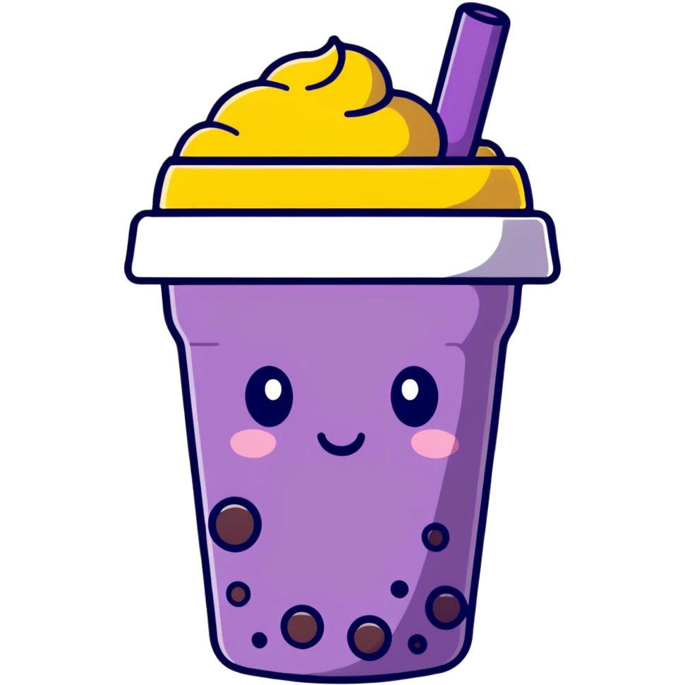 Purple bubble tea cup with a cute face and black tapioca pearls inside emoji