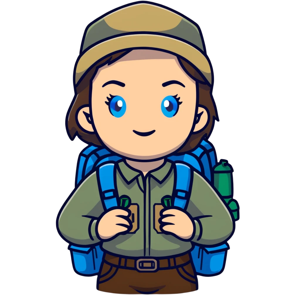 white woman park ranger with gray and brown hair, blue eyes, wearing a backpack emoji